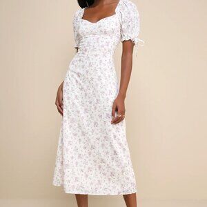 Lulus Certified Charmer Ivory Burnout Floral Puff Sleeve Midi Dress